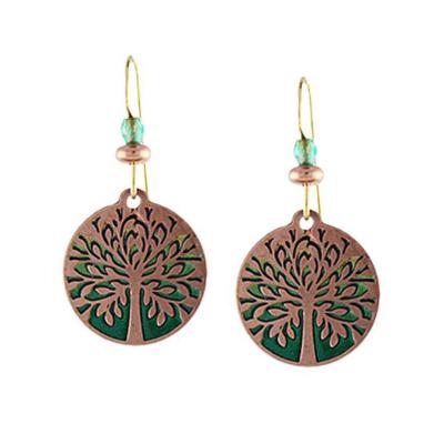 Handcrafted copper and green Tree of Life earrings made in the USA