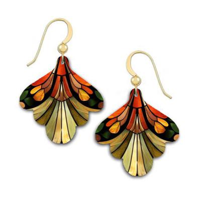 Close-up of colorful Japanese-inspired fan earrings featuring intricate patterns and warm autumn hues.