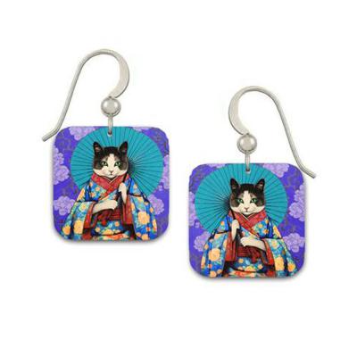 Japanese kimono cat earrings with vibrant blue and orange floral patterns, red sash, and decorative turquoise umbrella.