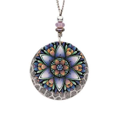 Handmade purple lotus pendant with Czech glass beads and rhodium-plated chain