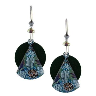 Handmade waterlily earrings with antique bronze frame and colorful floral pattern
