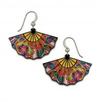 Fuji Fan Earrings featuring colorful pink, red, purple, yellow, and green floral artwork in a Japanese folding fan design.