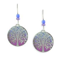 Silver Tree of Life earrings with vibrant magenta background and Czech glass beads