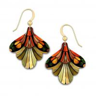 Japanese Autumn earrings with a fan-shaped design in red, orange, gold, green, brown, and black.