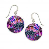 Round Japanese Jewel Garden earrings featuring intricate pink, purple, blue, and gold decorative patterns.