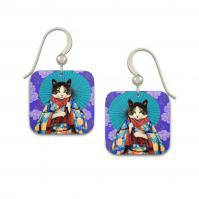 Pair of colorful square earrings featuring a black and white cat wearing a traditional Japanese kimono against a turquoise umbrella and purple floral background.
