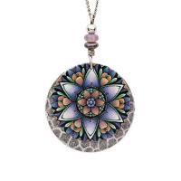 Purple lotus mandala necklace with painted lotus image on silver-plated hammered pendant