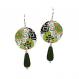Long floral aluminum earrings with 3/4-inch round patterned discs, dangling green accent beads, and sterling silver-filled ear wires.