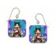 Japanese kimono cat earrings with vibrant blue and orange floral patterns, red sash, and decorative turquoise umbrella.