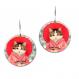 Round kimono cat earrings with colorful Japanese-inspired artwork, a pink robe, and a vivid red umbrella.