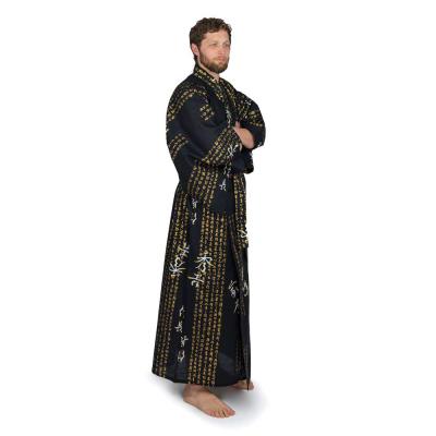 Black men’s yukata featuring gold and white Japanese calligraphy