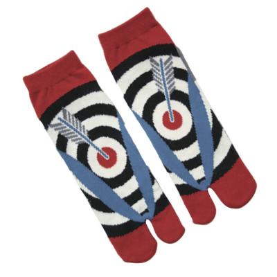 Men's split-toe tabi socks featuring arrows and concentric bullseye circles