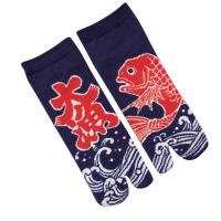 Big Catch Japanese tabi socks with red-orange fish and ocean wave design
