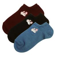 Three Good Fortunes women's ankle socks in burgundy, black and blue