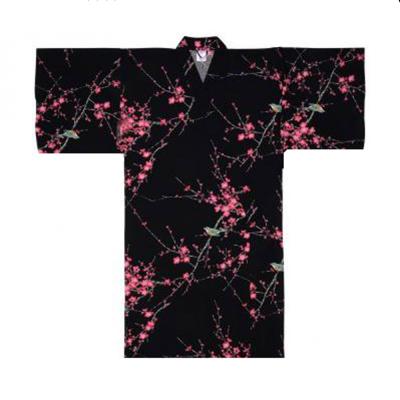 Women's Japanese happi robe with vibrant cherry blossoms on a black background