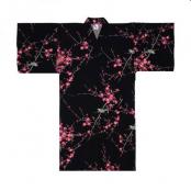 Women's black happi coat with cherry blossoms and bush warbler birds