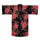 Women's black Happi Coat with fuchsia peony blossoms and gold swirls, shown with matching belt