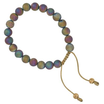 Colorful rainbow druzy agate mala bracelet with brass tassel beads